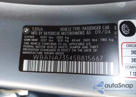 2005 BMW 530I z USA, uszkodzony, nr VIN WBANA73545B815667